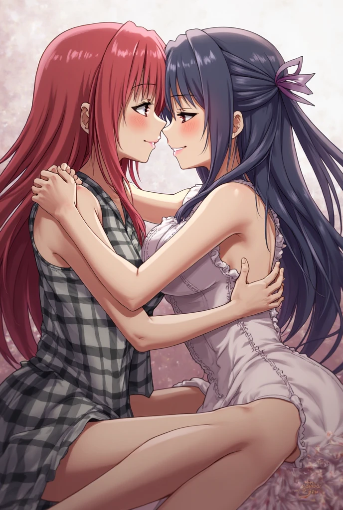 kousaka_chika, purple hair,long hair,purple eyes,
and, kousaka_chiyori, red hair, short hair,red eyes, break, 2girls,hug ,blush,
parted lips, ADDCOL,((Completely naked)), breast, ((Beautiful nipples)), Fine skin,hug, yuri, masterpiece, high quality, very_high_resolution, large_filesize, full color, looking at viewer, lying on bed, bedroom