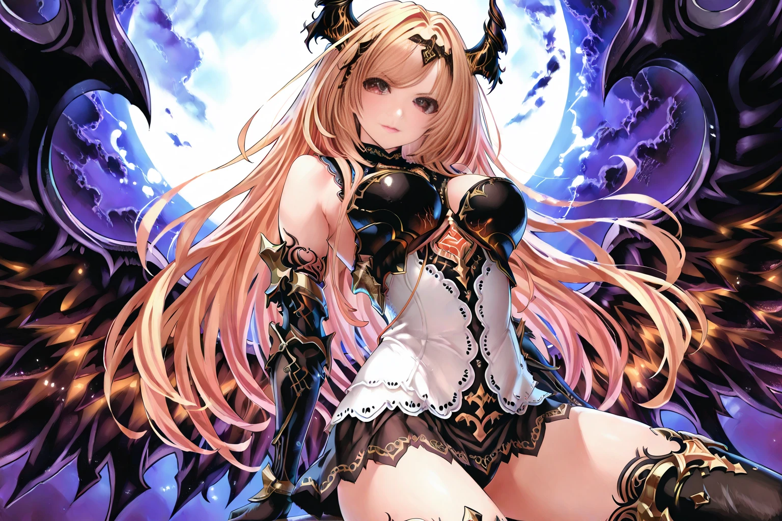 Blonde beauty with huge muscular forehead and long horns,Abdominal muscles,cleavage,Black high cut swimsuit,Scapula,Hand guard,Bare Legs,,Standing,Great sword,flame,palace