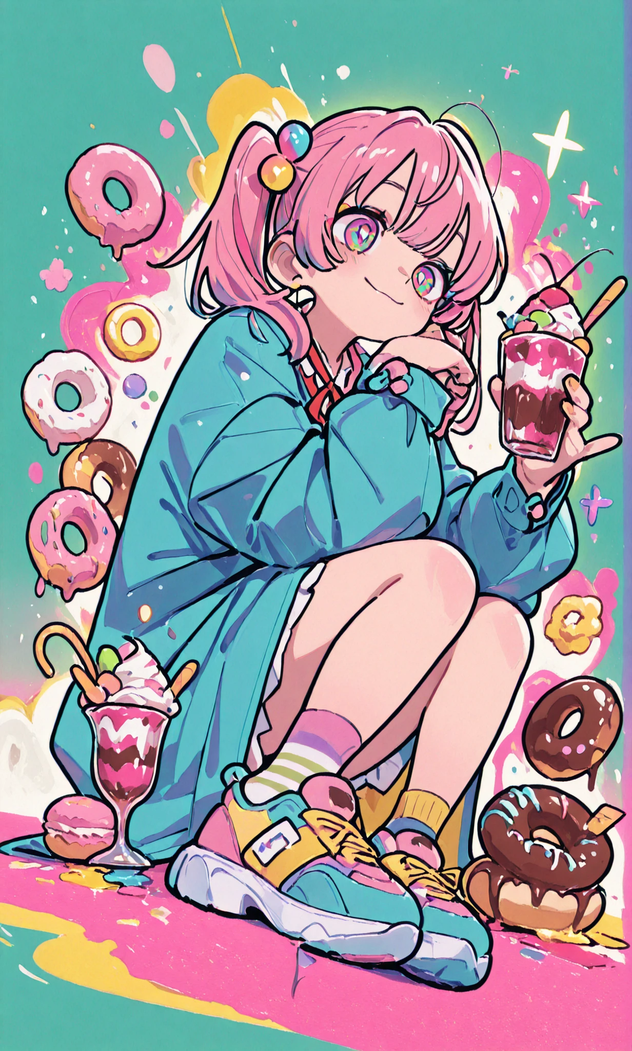 vivid anime-style illustrations、Features a cheerful girl with pink hair styled in playful twin tails, A charming color palette including pink and yellow hues adorned with colorful hairpins. her eyes are big、expressive, warm, There are lots of floating elements like。フリルの付いた白いレースのアクセントが付いた青とピンクのストライプのドレスで構成された気まぐれな衣装 has the coat of , enhances a playful energetic mood. Her extended hand is full of floating elements like, She's balanced by a tray and a large chocolate parfait and cake. spills a drink nearby, The lively composition. are blue and vibrant in her shoes Includes colorful sneakers with yellow accents, knee-high green and white striped socks.  in the background 、 macarons, donut,  Colorful Sprinkles , red ribbon and ruffled cuffs on the chest. The girl is playful poses and vibrant expressions、evoke fun and carefree joy.The background is full of floating elements like a bustling kitchen. The overall vibe is dynamic and humorous,  has the coat of 。what is the lively expression of her trying to have fun、stylized, Cartoon fashion.
