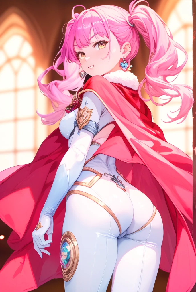 nsfw, (Perfect Anatomy)、Mastepiece、Ultra High Quality、 8k、masterpiece、Highest quality、Ultra-high resolution、Maximum resolution、Very detailed、Professional Lighting、anime、woman、thin、so beautiful、Highly detailed eye、Highly detailed face、Golden earrings、Pink Hair,、Pink eyes、Detailed costume patternid-chest、Blue jewel on chest, pink lips, upper arm pink armor, white high leg leotard, pink pattern, full body, magical girl, Angel Girl, Are standing, pink thigh high stockings, white super long boots, pink gauntlet, high heels, blunt bangs, Hime cut, bridal hair accessory, paladin robe, clenched teeth, Using a power-up item、(((Flex the crotch part of the leotard to the side))), (((Move the crotch fabric to the side))), (((Pink pubic hair)))