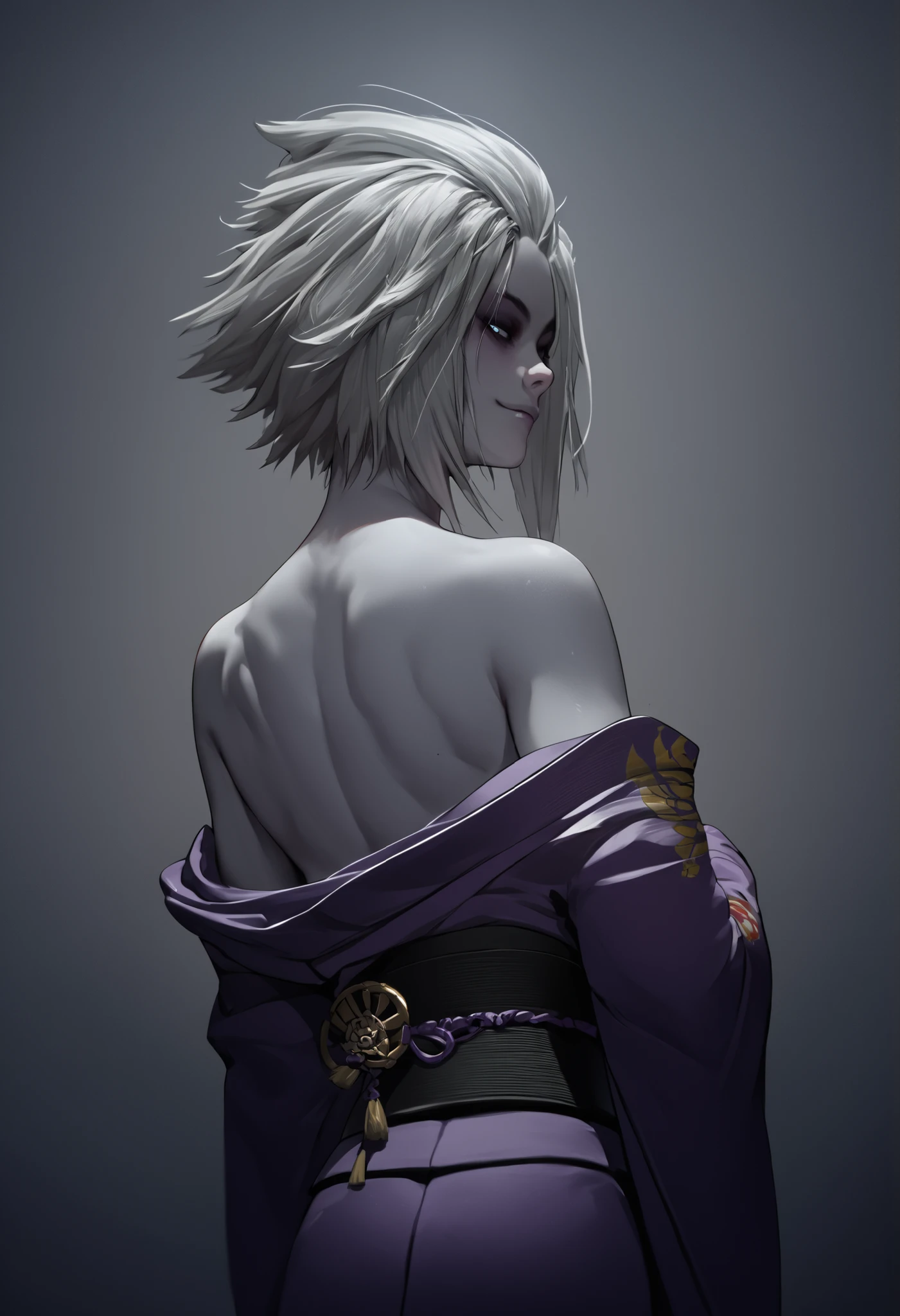 score_9, score_8_up, score_7_up, source_anime, from behind, solo, 1girl, mara sov, pale skin, white skin, Asian, light smile, looking back, japanese clothes, purple kimono, off shoulder, black, bare shoulders,