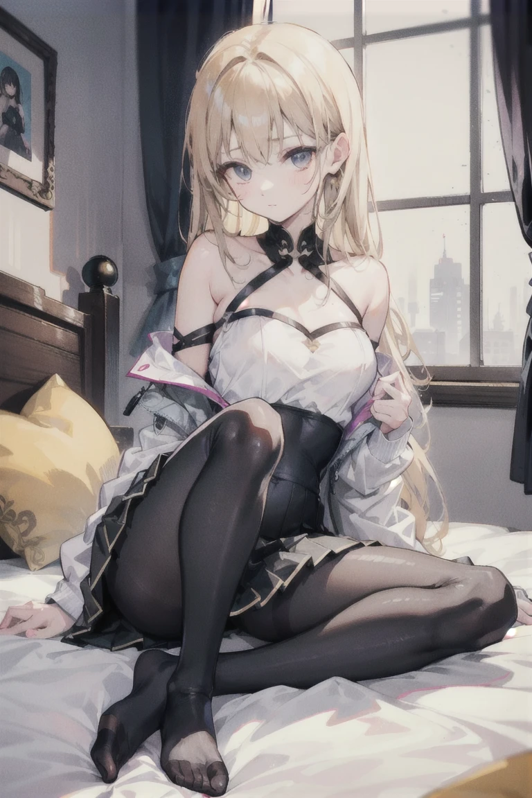 beste-Qualit、1girl,a blond、Longhaire、Red eyes、radiant eyes、Red cheeks、Pink blush color under the eyes:1.3、Small face、Shy look、Black Bunny Girl、Black sleeves、huge tits:1.2,Constriction、Tights with mesh pattern、dim lighting、hotels room、On the bed、laying on back:1.6、View here、Angle from diagonally above、Background blur