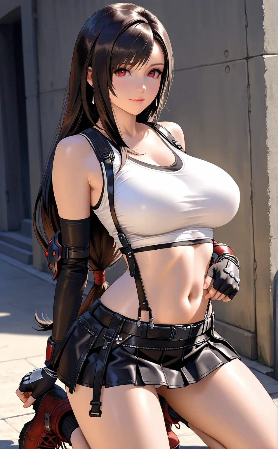 Unreal Engine 5 Realistic Render, (masterpiece, best quality), intricate details, ((Best quality)), ((masterpiece)), ((realistic)), (hyperrealism:1.2), (fractal art:1.2),
1girl, tifa lockhart original costume, white crop top, arm guards, fingerless gloves, suspenders, pleated miniskirt, black thighhighs, red boots
extreme detailed eyes, colorful, highest detailed,
vibrant colors, high contrast,
(8K UHD:1.2), (photorealistic:1.2), beautiful face, top body is hyperrealistic thicc muscle and hyper largest_breasts!! with the type of boobs_melons, lower is huge buttocks, wet shiny body