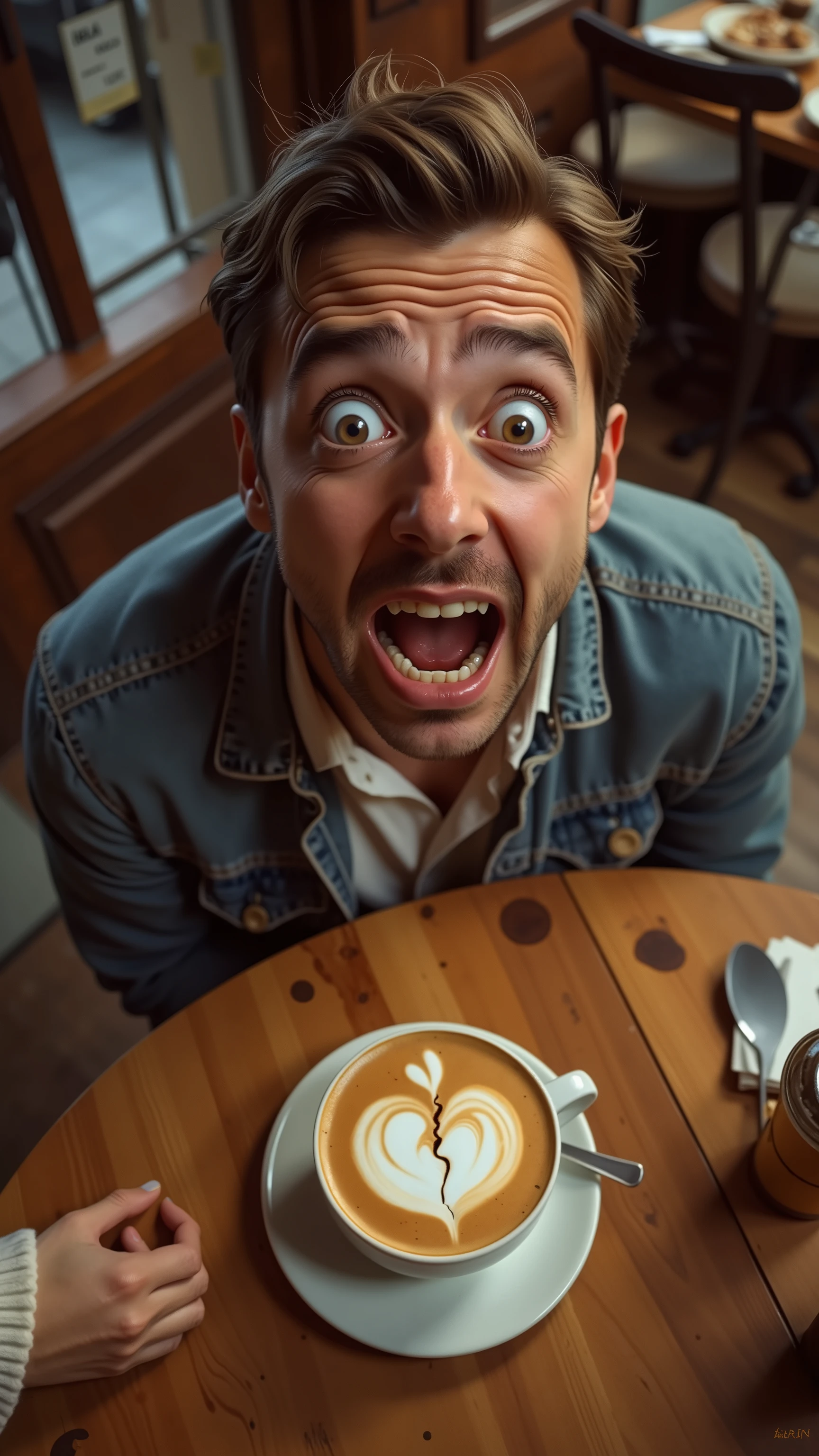 Cafe latte、Heart mark on latte art breaks,(( Cracked Heart)), 1man,overreaction,(Heart broken in two),open mouth,from above, Heart broken in two effect