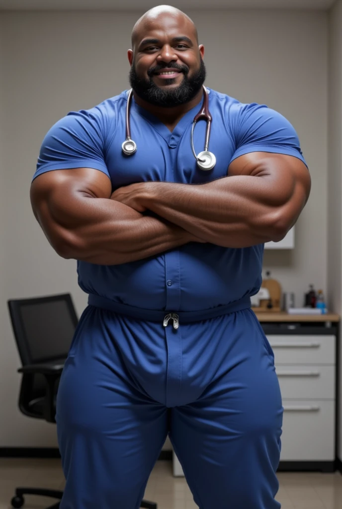 Female doctor examining the groin of a strong hairy bearded man wearing only pink underwear with MOCANO written in capital letters on his waistband.