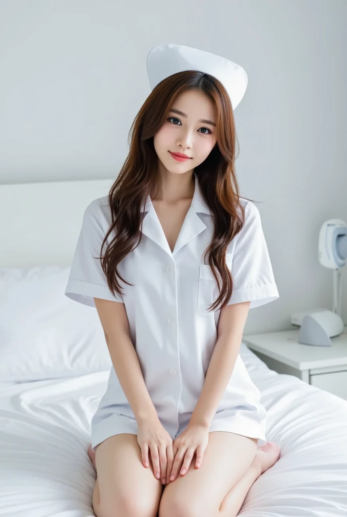 POV, (ojou-sama pose:1.5), (full body shot:1.2), (masterpiece:1.3), high resolution, ultra detailed, extremely detailed CG unity 8k wallpaper, realistic, photo-realistic, RAW photo, beautiful detailed face, Japanese woman, pale skin, realistic skin, detailed cloth texture, detailed hair texture, Perfect proportion, Beautiful Face, accurate, Anatomically correct, Highly detailed face and skin texture, natural neck length, (beautiful hands), (fair skin:1.2), Thin legs, Thin feet, BREAK Detailed eyes, symmetrical eyes, Light Brown eyes, Double eyelids, Thin eyebrows, (Glossy lips:1.4), (Goddess smile:1.2), BREAK (A Classy and Cute girl:1.3), (Wearing labcoat and stockings:1.2), (medium large breasts:1.2), (slender figure), (Dark brown hair, wavy hair), ((Medium long hair, asymmetrical bangs:1.2)), (looking at viewer:1.2), From front, BREAK, (modern hospital bed:1.2),