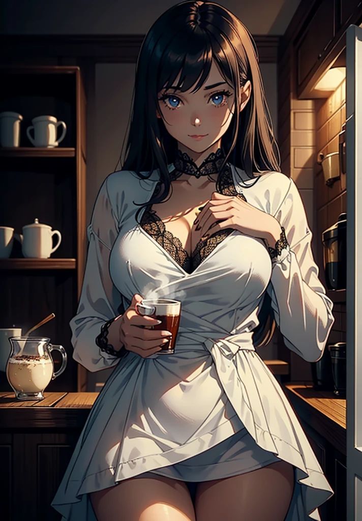 a woman in her 40s and a woman in her 20s, revealing clothes, plunging neckline, short shorts, sheer blouse, sitting on a sofa drinking coffee in a cabin, cabin window shows falling snow, soft lighting