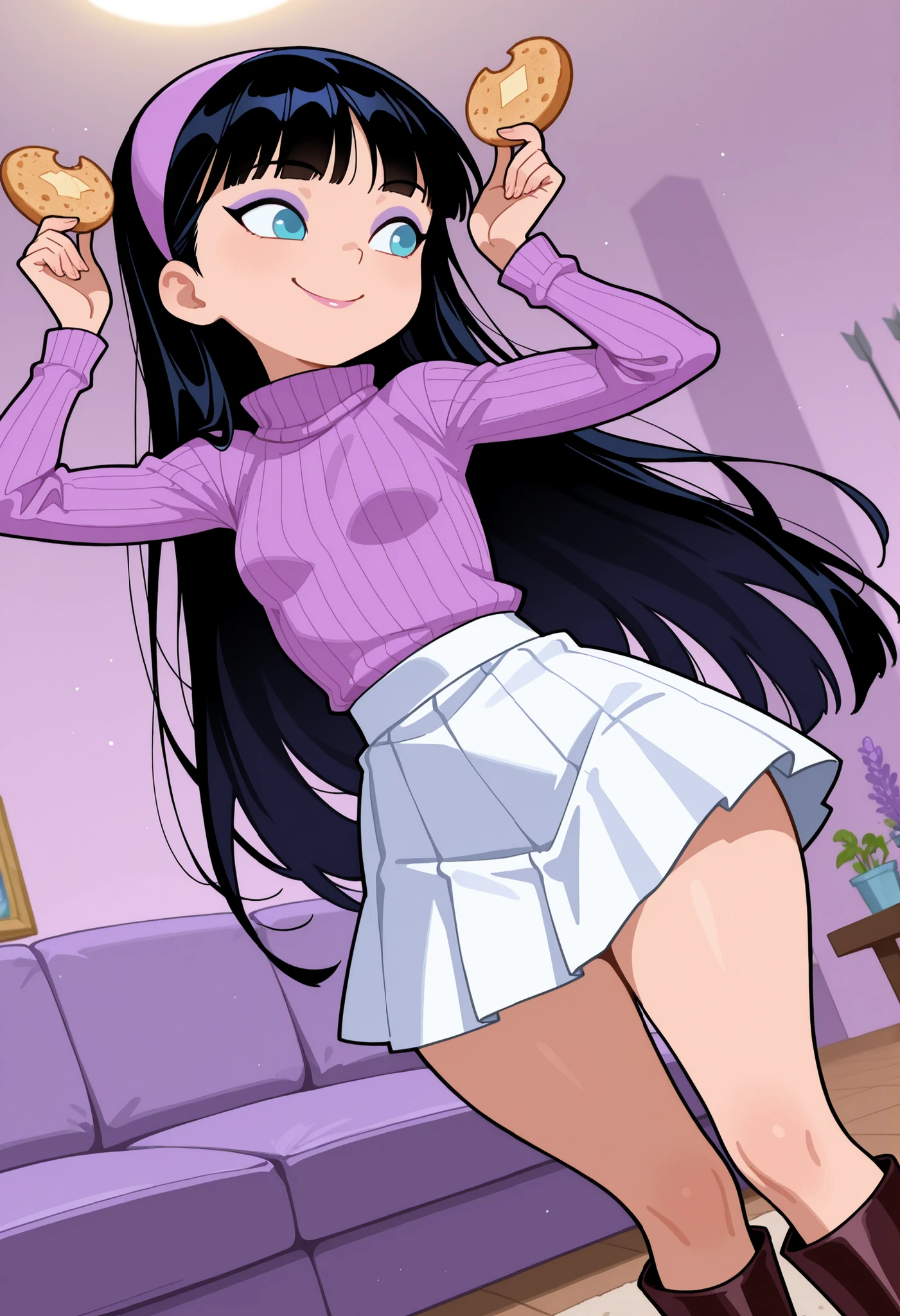 Trixie Tang, tall, slender, small breasts, huge hips, long straight black hair, blue eyes, lavender makeup, Arrows on the eyes, pink lips.| score_9,score_8_up,score_7_up,score_6_up,blurry,blurry background,source_cartoon,1girl,solo,hairband,white skirt,makeup,eyeshadow,boots,sweater,turtleneck,smile,,posing,friendly,volumetric light,indoors,living room,cowboy shot, dutch angle, chocolate-mushroom on cracker
