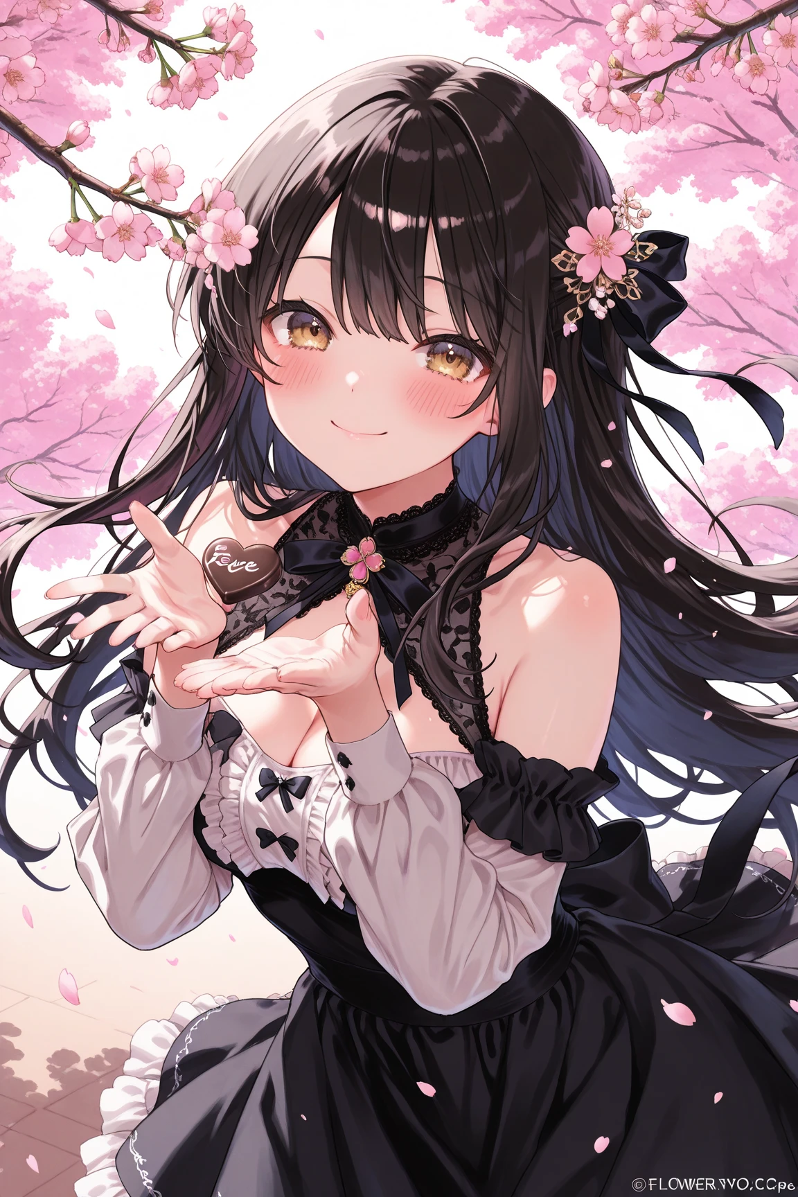 1girl in, Animal ears, Purple eyes, Brown hair, Solo, Long hair, blush, Cat ears, Flowers, Looking at Viewer, Braids, slutty dress, pink Flowers, Hair Accessories, bangss, Hair Flower, Animal ear hair, catwoman, skinny thigh