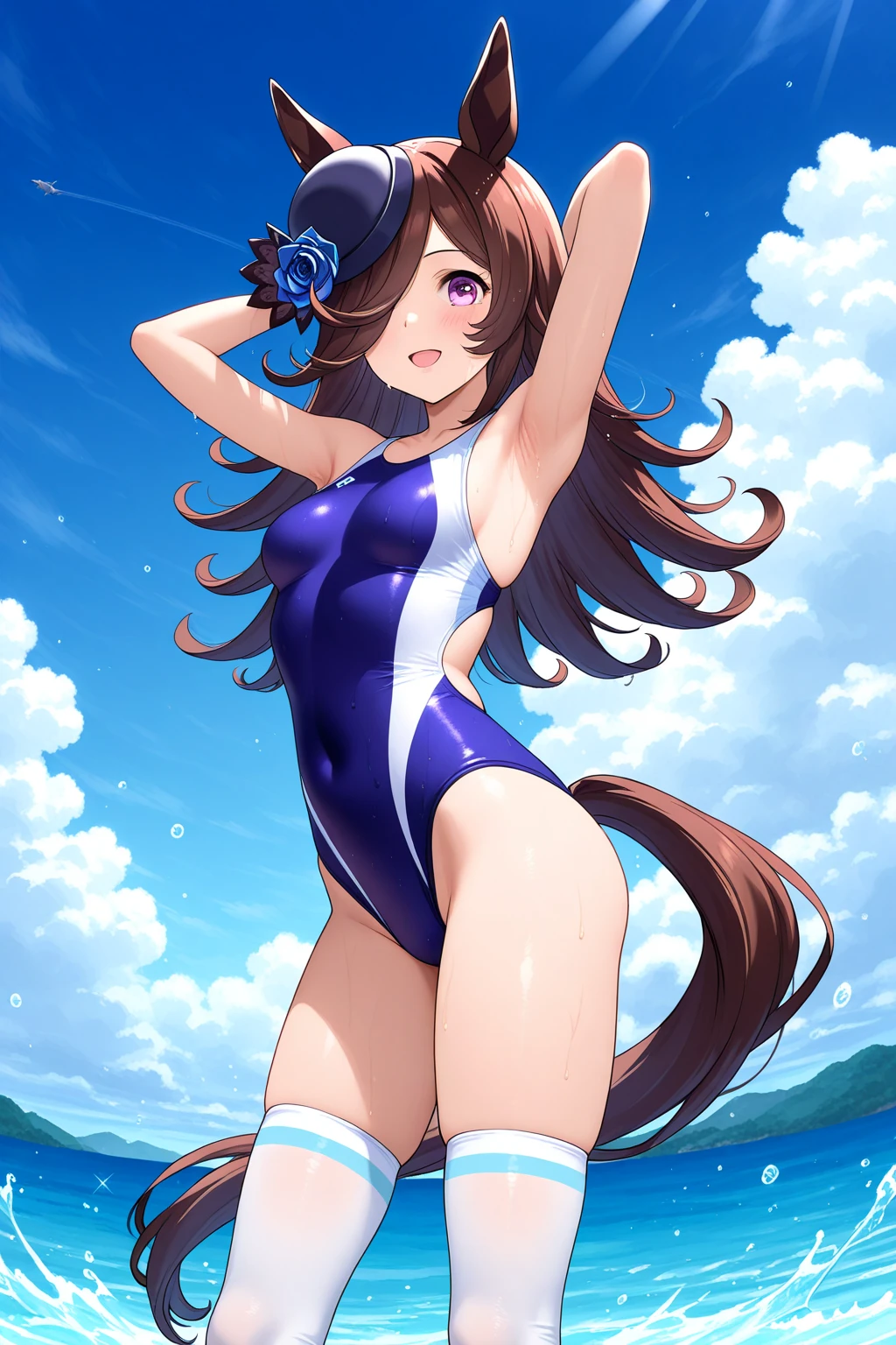 air groove \(umamusume\), wearing a blue swimsuit, all fours, looking back, stick out butt
