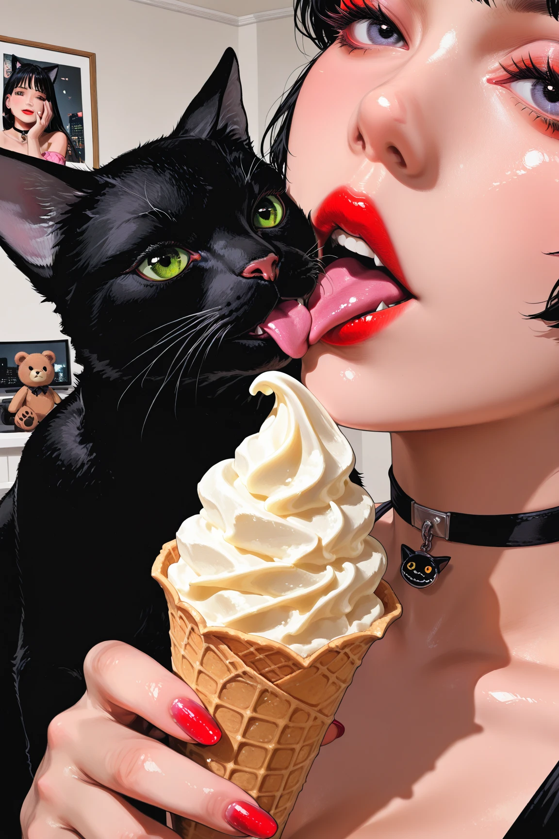  Illustration of a black cat,place a black cat in the center of the screen,I wear a choker on the black cat, ,holding a black cat,the black cat is placed in the center of the screen,the woman can be seen through the camera、Only hands are shown,teddy bear illustration ,  Vivid details,  artilove blow style    , ,  close-up photo , photorealistic  ,  very detailed,Cat ears/(masterpiece/top quality/high resolution)Hydrated red lips/"shiny skin that floats on the lower back"nails/lick soft serve ice cream//