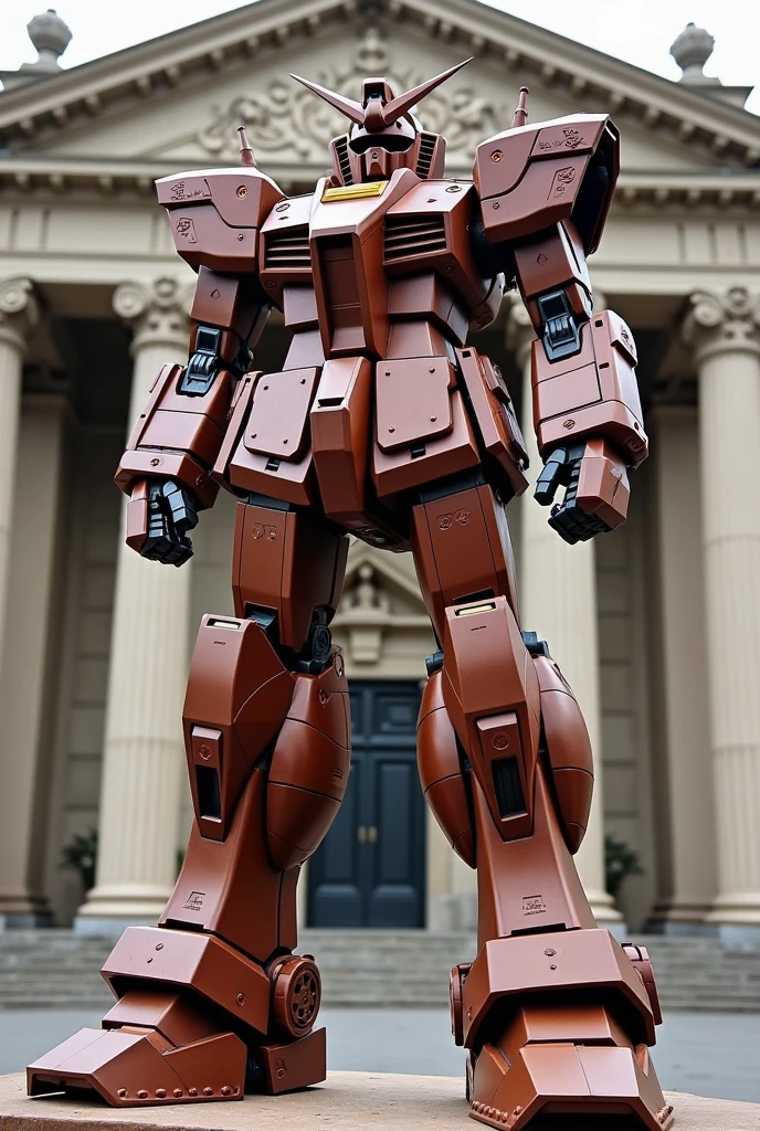 A life-size Gundam made of chocolate、Standing in front of a building