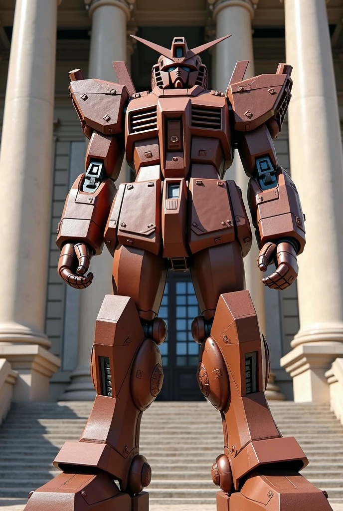 A life-size Gundam made of chocolate、Standing in front of a building