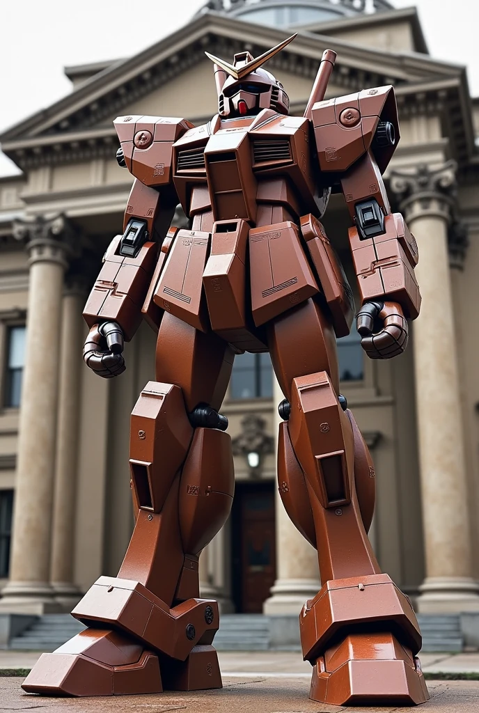A life-size Gundam made of chocolate、Standing in front of a building