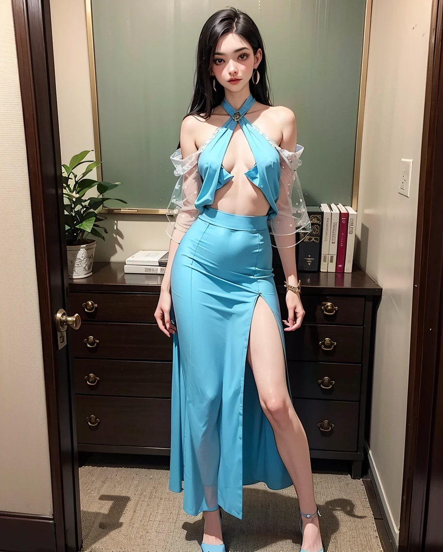 There is a woman posing for a photo in a black off-the-shoulder dress, 鎖骨,pendant,ultra fine photos,Royal sister,Dress with open back,Black suspenders
