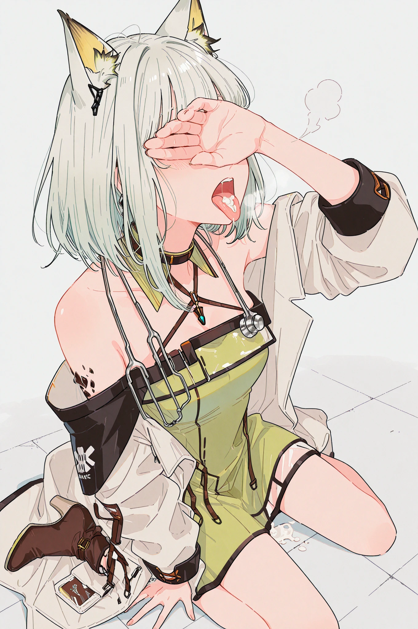 The girl's whole body convulsed,vomit,roll eyes,Scar,long white hair,比基尼,Full body photo