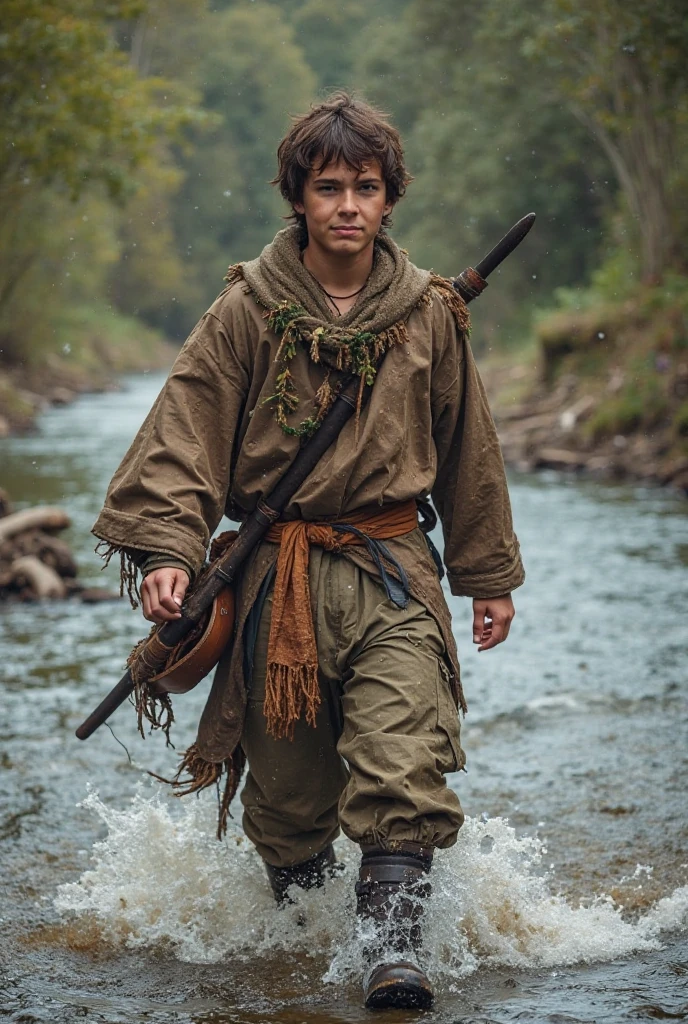 small being, dark skin, resembling a dwarf but with somewhat grotesque features. short stature, generally no taller than an average human , an unkempt and somewhat wild appearance, wears a string hat and a poncho, holding a cane. Its skin may be rough or coarse, and it has large, pointed ears, bright eyes, and a mischievous smile. in the middle of the forrest