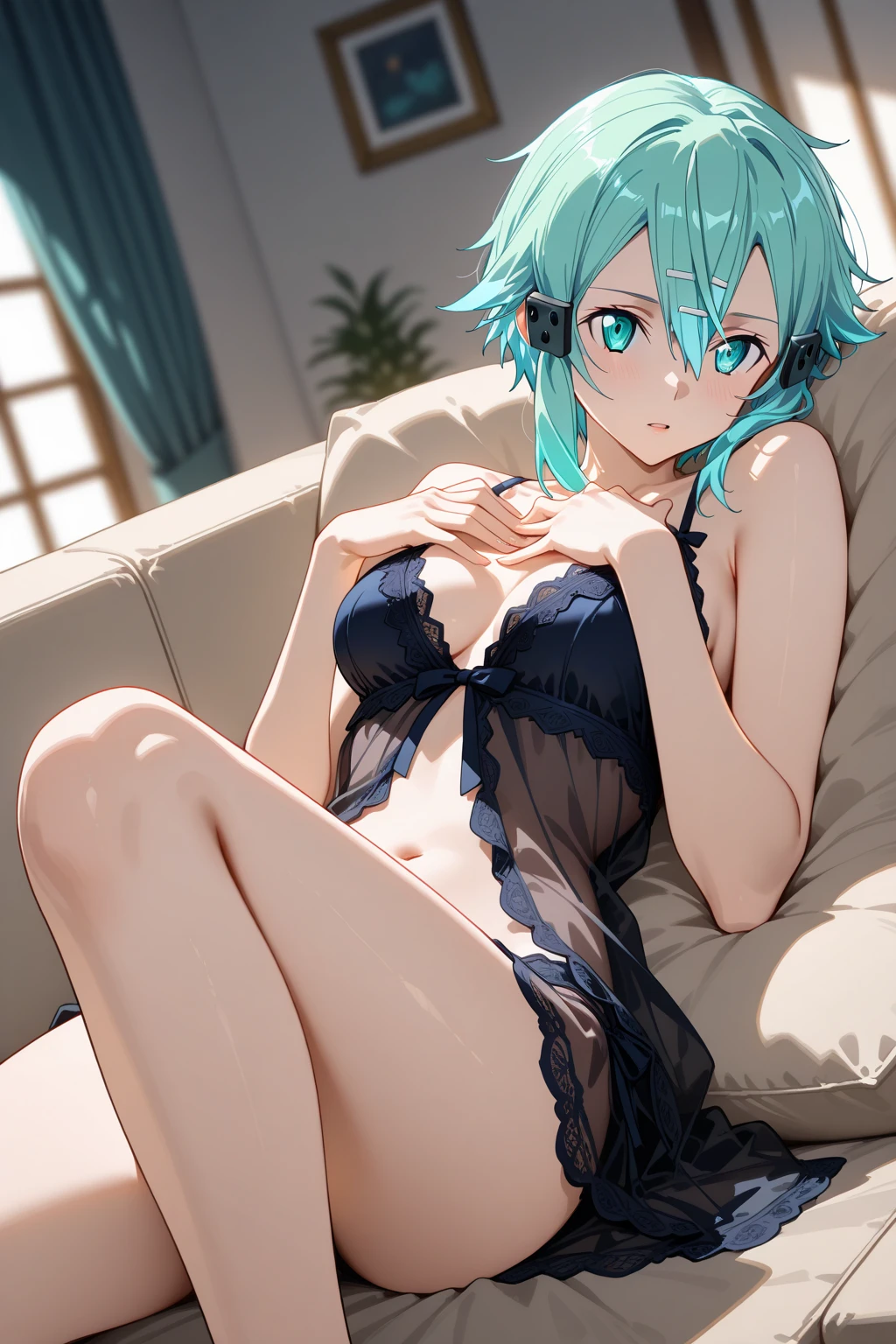 (masutepiece:1.5), the Extremely Detailed CG Unity 8K Wallpapers,(Realistic,Photorealsitic,hyper realisitic:1.5),(Curve,modeled,glamor:1.5),(Double eyelids,beautifully detailed eyes、Eyes Like Gems、radiant eyes:1.4),(Arched back:1.5),Well-formed face,beautiful countenance,face perfect,Well-proportioned body,Beautiful breasts,Farbe_aberration,beautiful detailed shadow,Beautiful eyes,Beautiful body,Beautiful skin,beautifull hands,(Large_breasts,cleavage,:1.4),(in a house,on the beds,Bedroom:1.4),Looking down,Model Posing,,(Sit and cross your legs:1.4),(kneeling on the floor:1.3),(from a_Below:1.5), (Best Quality:1.5), High quality shadows, Beautiful detailed, Beautiful face, Detailed eyes, depth of fields, hight resolution, Best Shadow, Best Illumination,blush(lightsmile:1.4),(Kneel:1.3),(turquoise hair:1.5), masterpiece、top-quality、Hi-Res、1girl in、sinon1、Fingerless gloves、shortpants、hair adornments、hair clips、cowboy shot,(Very small underwear:1.4),Lace-trimmed bra、Highly detailed bra、Black bra,Black panties,lace-trim,an lingerie,lace trimmed legwear,(Black lace:1.1),