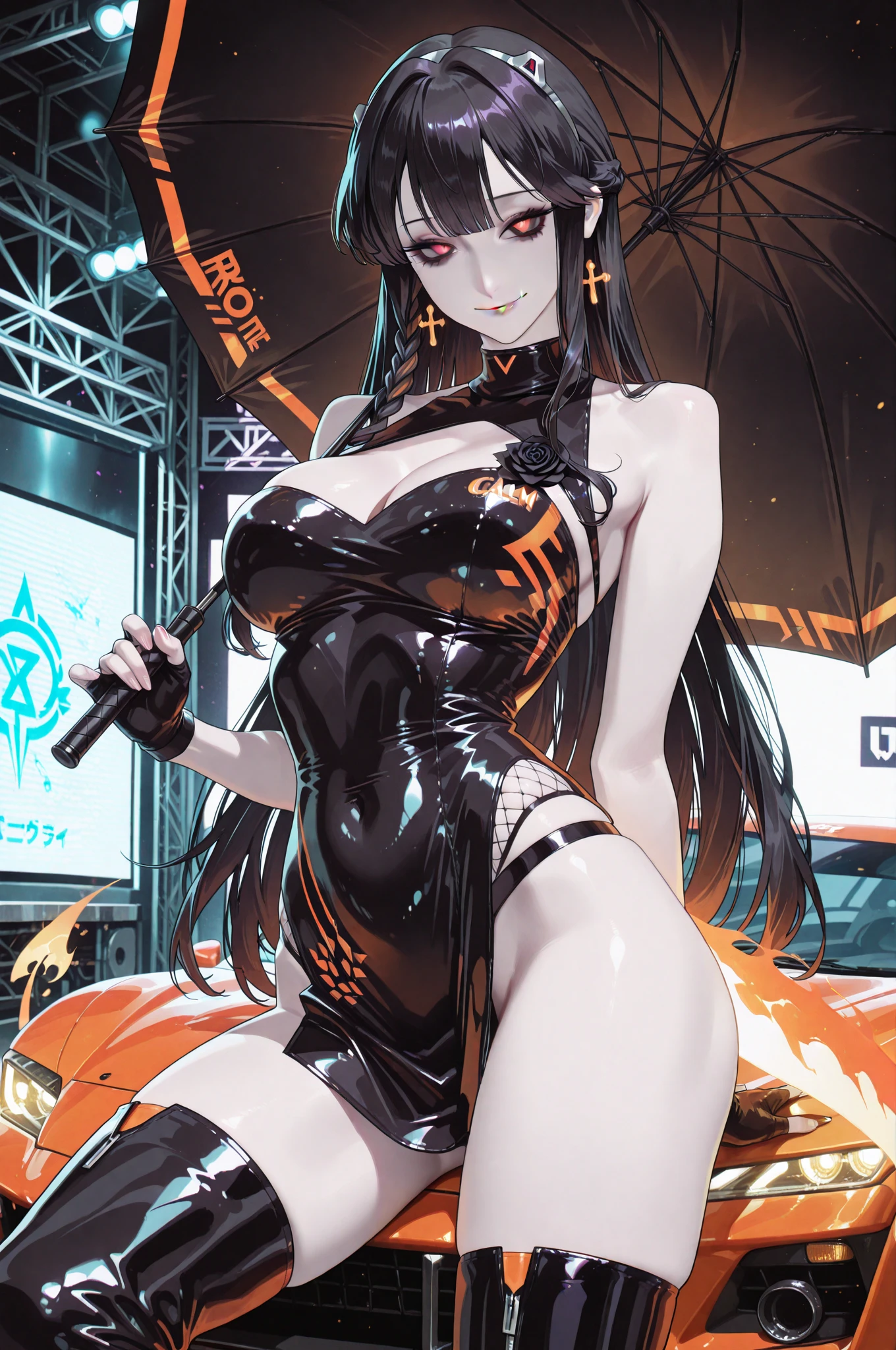 masterpiece face, masterpiece eyes, (red long hair), (feminine machine body), (black machine joints, Mechanical skelton and Artificial muscle), mechanical skin, machine flanks, (Machine internal structure exposure:1.2), (fishnet bodysuit:1.3), rabbit ears, rabbit tail, cowboy_shot, side focus, shiny, cyber punk, Masterpiece, best quality, captures a super cute moment, depth of field, ultra detailed, ultra high resolution, C4D, Octadale, 3D modeling, 8k, 16k,