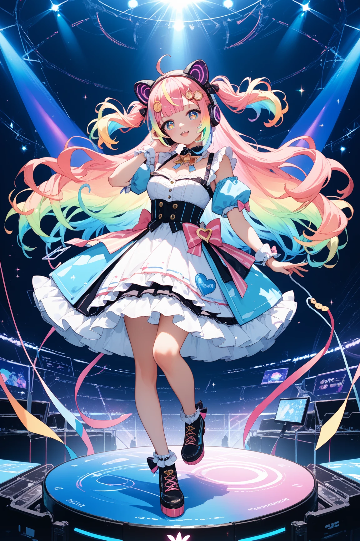 Anime CG, Hi-Res, Absurdity, 8k, Masterpiece, ((((Detailed Eyes and Detailed Face: 1.2), Dynamic Angle, (((Detailed Eyes and Detailed Face: 1.2)))))), (((Perfect Human Hand, Super Detailed Human Five Fingers)))), ((Perfect Human Foot)), Upper Body, 1 or 2 Girls, Smile, Wolf Ears, Wolf Tail, Pink Eyes, Hairs Between Eyes, ((((Wink)))), D cup, cleavage, striped hair, (((((Colorful hair color: 1))))), (((Random hair color: 1)))), Variegated hairstyle: 1, twin tails, ultra-detailed gradient hair, ((Kagenari lettered T-shirt)))), professional designer, fashion leader, ruffled dress, love live, jewelry, ((Singing on stage in AI spaceship :)))), (( Sing on the stage of the AI spaceship))), the best stage, climax, professional stage, (((Hold the microphone with your left hand and sing emotionally, overflowing emotions, the best smile))), Singer, Vocalist: 1, Idol, Diva, Professional stage, Professional lighting, Live lighting, Distract the gaze, Fan Service: 1, (((Sing on the AI Spaceship Stage: 1.2)))), (((( Sing on stage in AI spaceship))), background, galaxy, stars, space, earth, planet, battle, blast, explosion, ((Ivory Gold AI Space Spaceship))), ((((Panchira, cute panties))))