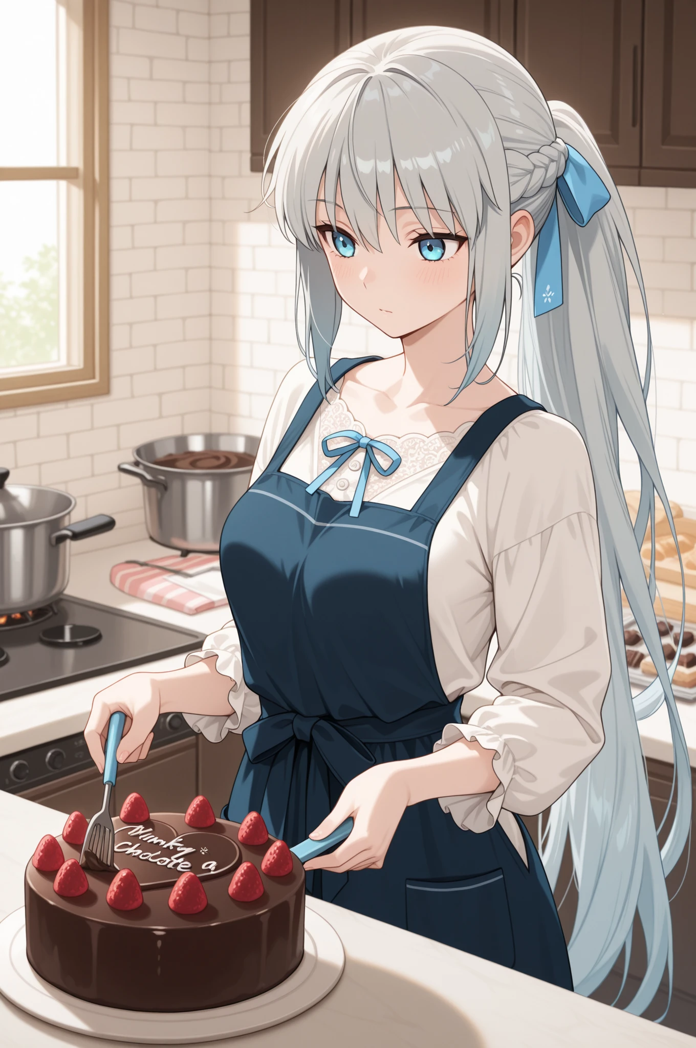 (Tabletop, highest quality:1.2), One Girl, alone, cute, cute, Naked in apron、Digital Art、Aimee、(length, beautiful,Silver Hair.Blowing in the Wind)、Christmas Background、look: kitchen、Make a dish(Cake making)、Bright room, Confident expression 、Glowing Skin、Small Face Beauty,High Angle Lens、Perfect composition、Perfect light and shadow delicacy、8k