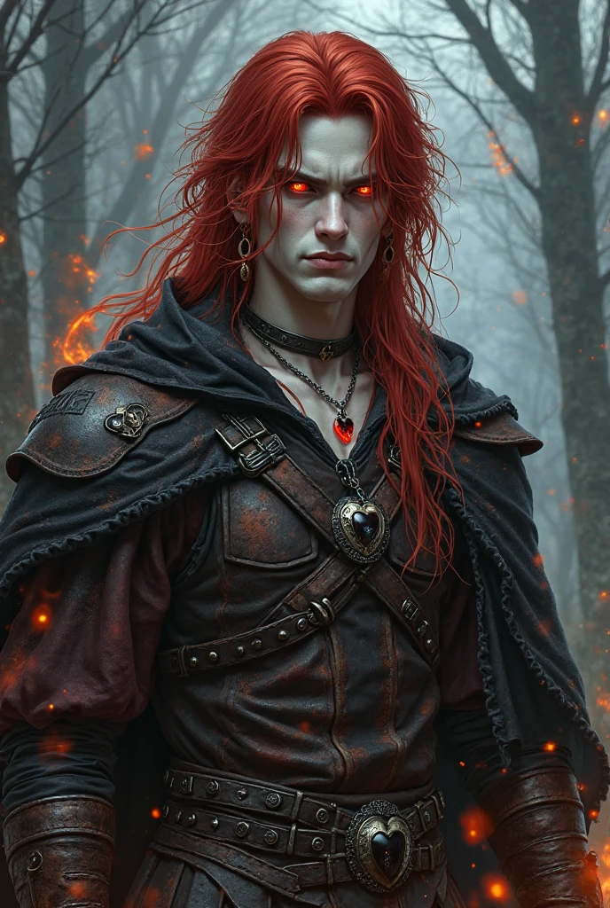 masterpiece, noise reduction, one boy, Best quality, sharp image, permission 8k, sharp image, Just focus, stunning composition, Volumetric lighting, super quality, Very detailed, medieval fantasy, adult male elf, long red curly hair, a few strands fall on your face, scar on the lip, Sharp facial features, heavy tired look, smiling, blue cold eyes, thin, skinny, thin, pale skin, freckles on the face, neck and shoulders, black robe necromancer, Red hair, surrounded by dead people and zombies