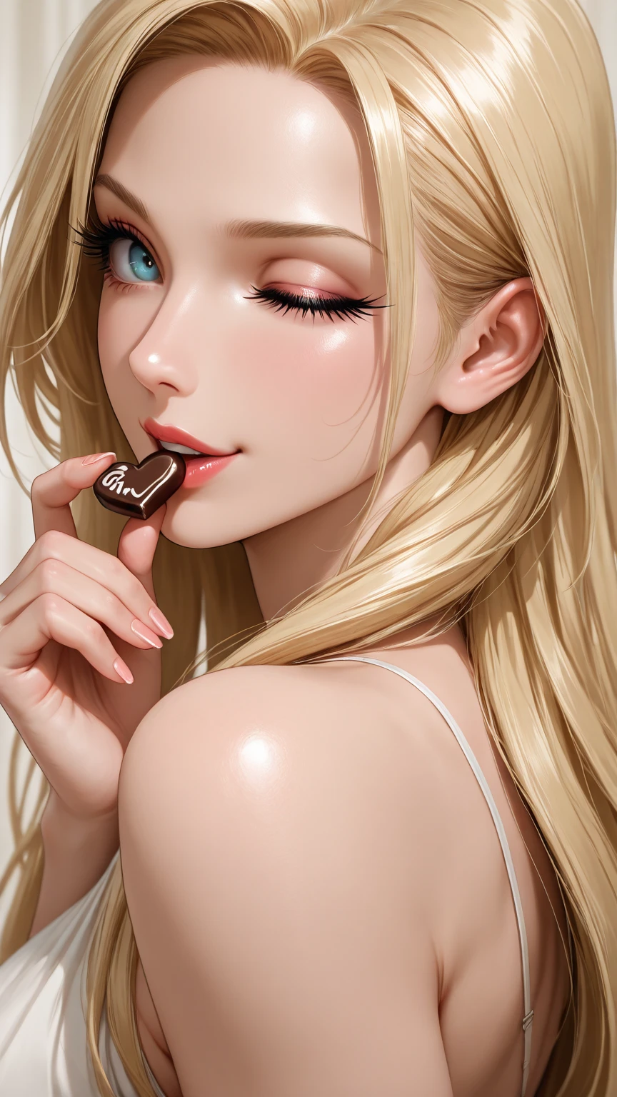 Golden shiny hair、Dazzling blonde super long silky hair、Cute little beautiful face of 18 years old、Shiny hair dancing in front of a pretty face、Long, silky bangs that cover the eyes、Bright pale blue eyes、Hair that hides the face、Sexy and cute young woman with super long bangs、snow-white beautiful skin、Oil-based teak gloss、Small Face Beauty、Eating chocolate,hip level shot,