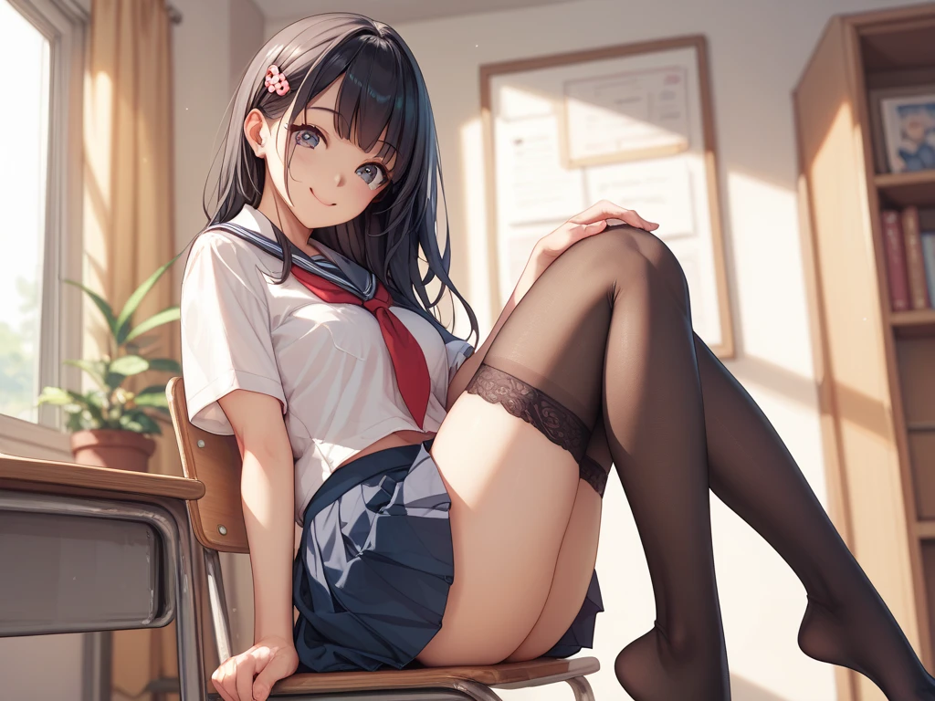 Chic ass, Sitting on chair desk, Take a look at us, Pink G-string, Detailed thick G-string, (Long socks), Twin-tailed, Black and Red High School Girl Uniform, crass room, Take a look at us, Soft and surprised smile, Skirt, Random hair color, blush, Sitting, Red Eyes, (ass forcus)
