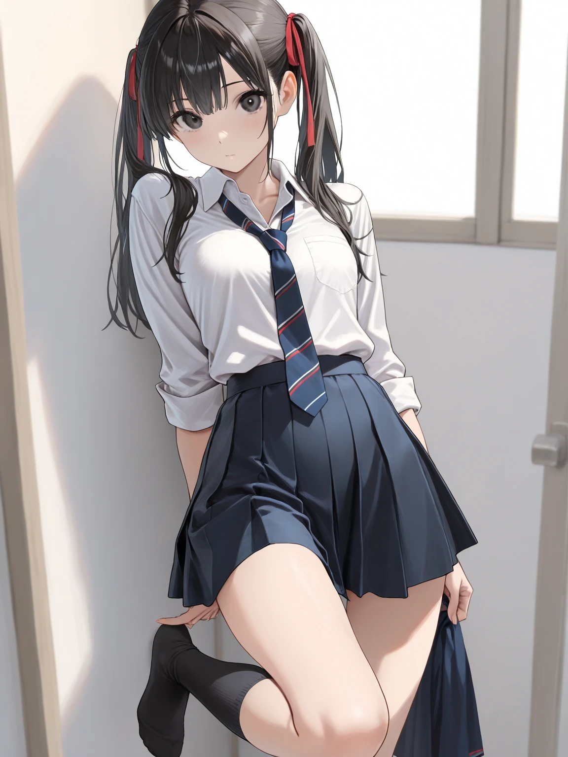 very cute and beautiful girl,(Very detailed美しい顔), (smile),blush,Black Hair,Seraphim,(Pleated navy blue mini skirt),Are standing,(From below),(Lacy white panties), Wooden classroom,window,Distant Tree々and the city, (Highest quality,masterpiece:1.0),Absurd,High resolution,Super detailed,Very detailed,32k,8K resolution, Intricate details,Movie Scenes,Detailed Background,alone,Dynamic Angle,