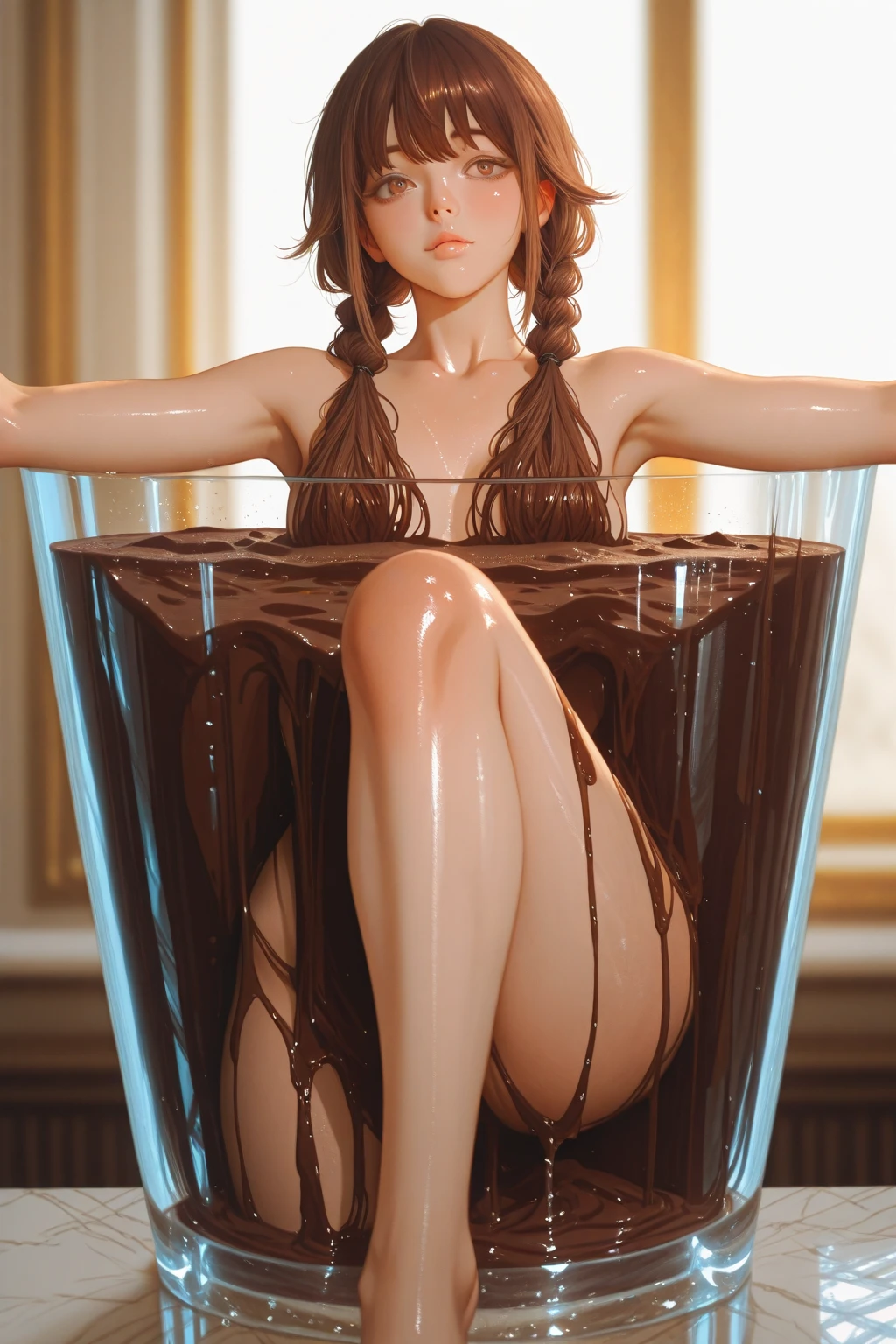 an anime girl in lingerie lying in a pool of honey