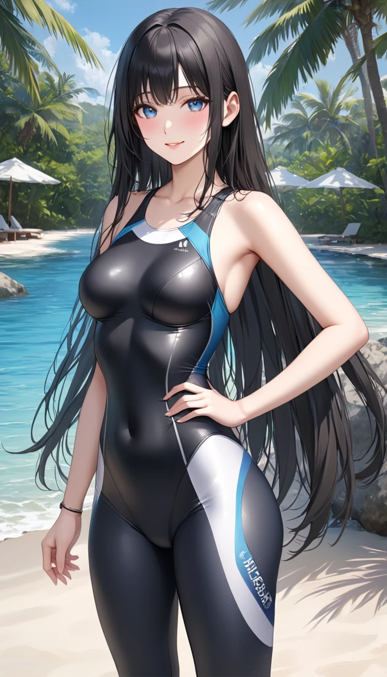 masterpiece,Highest quality,High resolution,shape,Very detailed,8k CG wallpaper,One Girl,Ray Tracing,Beautiful breasts,Long black hair, Navy blue oversized swimsuit,White background,Her butt is facing me,My forehead is sticking out,Hands on hips,Looking up