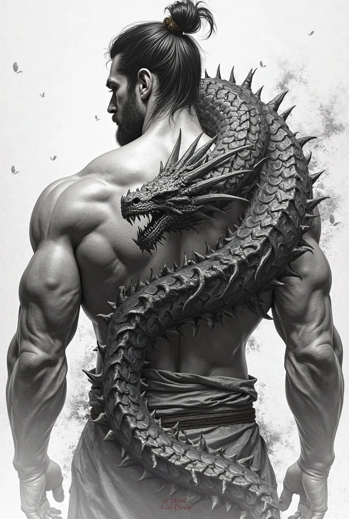 A vicious man turns his back to the viewer and flexes shirtless. He has extensive dragon themed tattoos.
