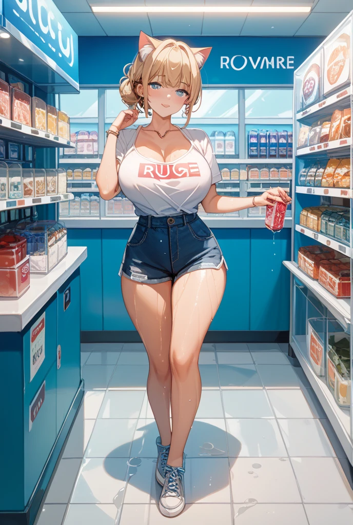 Masterpiece, best quality, Masterpiece, best quality, 1 woman , pink hair , purple eyes , sly face , black bikini , big breasts , abdomen , Long legs , Put your hands on your hips. , Barefoot , full body , convenience store