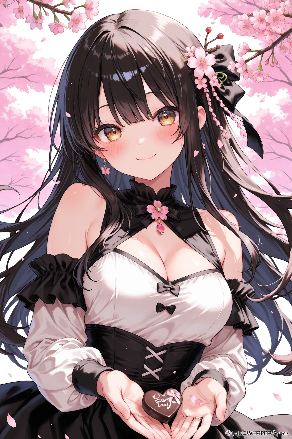 Big wave curls, Flowers on the head, Cat ear, Bright Eyes, blush, (many:1), Anaglyph, The Colors of Fuji, Outside the country, Dutch Angle, Hyper HD, masterpiece, Accurate, Textured skin, 4K, 最high quality, High resolution, high quality, Hyper HD, masterpiece, Textured skin, High resolution, 最high quality, high quality, 4K,Exquisite facial features,Large Breasts、Long black hair