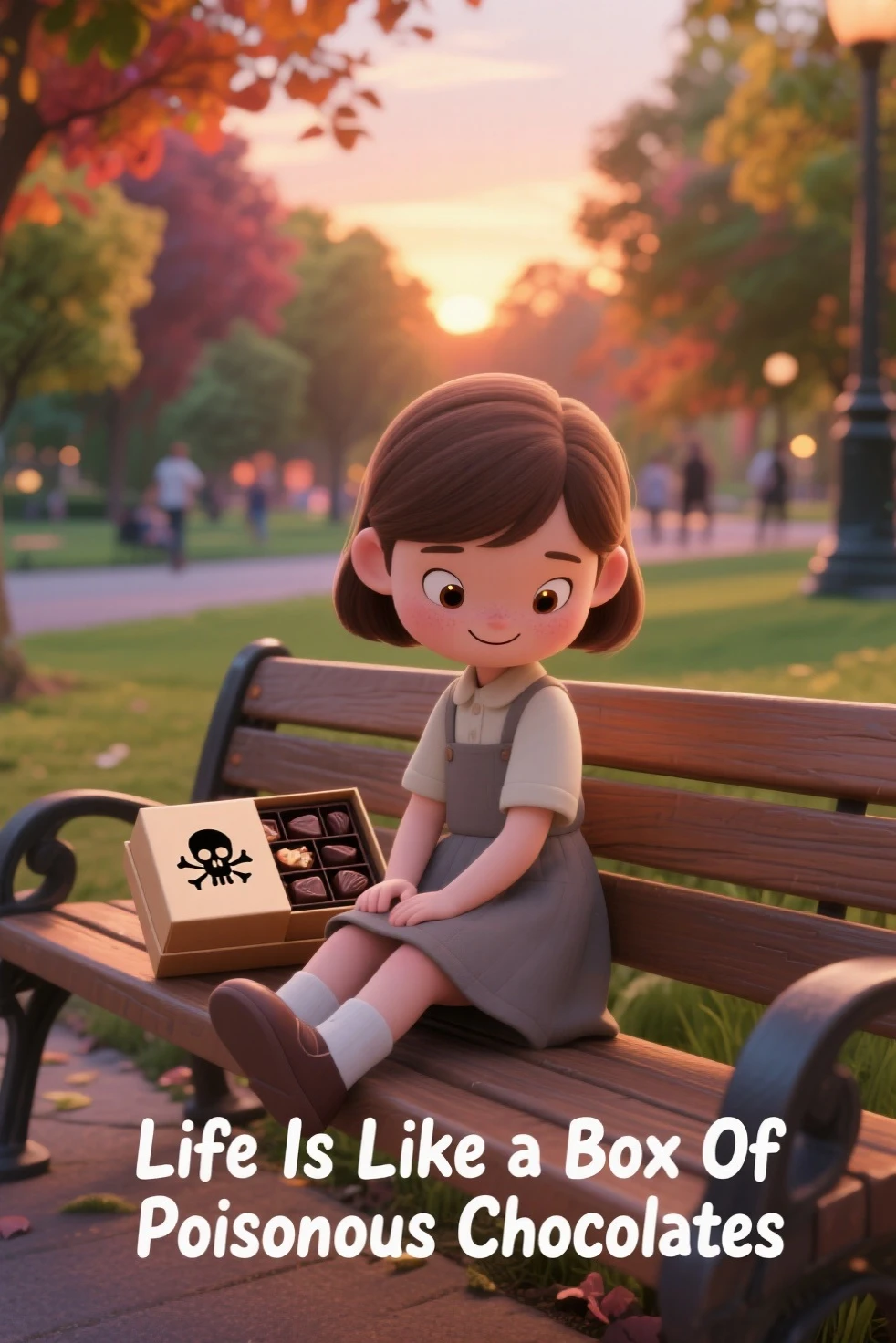 A young chibi girl dressed in a simple yet charming outfit, reminiscent of the innocent charm of Forrest Gump, seated on a wooden bench in the serene embrace of a public park. Her head is initially bent down, as if lost in thought or shyly avoiding the gaze of passersby but with a mischievous smirk. The vibrant colors of the surrounding foliage and a warm sunset cast a comforting glow over the scene. However, as one looks closer, her mood seems to shift. Her eyes, sparkling with a mischievous twinkle, slowly lift to meet the viewer's, revealing an expression that suggests she's up to something. Her smirk, though small, adds a layer of intrigue to her otherwise sweet demeanor. On the bench beside her, a box of chocolates rests with a peculiar twist - it's adorned with a tiny yet unmistakable poison skull symbol, a stark contrast to the sugary delight it typically represents. The box seems to beckon, hinting at an impish plot unfolding in this otherwise peaceful setting. Her posture and the placement of the box invite curiosity and anticipation, as if she's about to share a deliciously dark secret or perhaps set the stage for an unexpected prank.  A title in whimsical font at the bottom of the image reads "Life Is Like a Box Of Poisonous Chocolates". The whimsical style of the chibi character blends seamlessly with the serious undertones, creating a delightfully peculiar scene that captures the essence of innocence colliding with mischief.