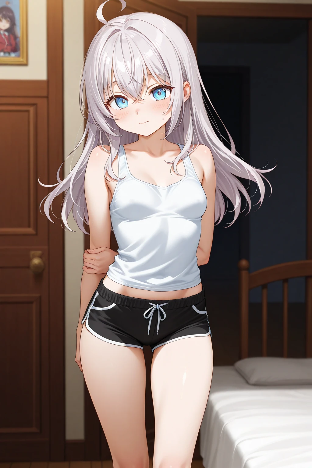 (masterpiece、top-quality、hight resolution、photos realistic、real looking skin:1.1)、1 Japan Girl、独奏、full bodyesbian、(very small breasts:1.5)、Beautiful eyes、Shining eyes、embarrassed from、short twintails、no bra、(Sheer white tank top:1.5)、(Fully exposed panties:1.5)、is standing、(arms behind back:1.5)、(Bedroom at night:1.5)、(Simple cotton panties:1.5)、nsfw