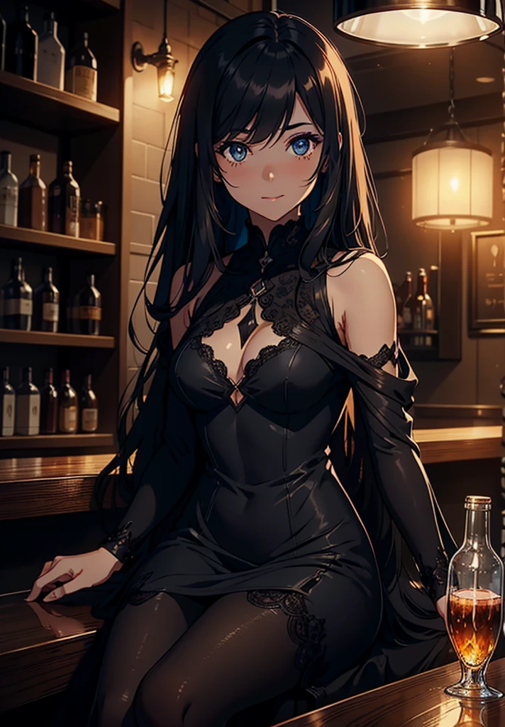 (((top-quality, masterpiece))), (best quality), (detailed), (((one young girl))), (solo girl), (bartender girl), happy, charming, smiling, ((highly detailed beautiful face)), delicate girl, delicate face, dark hair, long hair, poney tail,  bleu eyes, dark look, make up, ((small breasts)), nice hips, flat belly, slim waist, define collarbone, (((sofisticated and detailed black leather dress))), ((sexy dress)), (((black lace stocking))), ((black leather chocker)), standing in front of a bar counter, sexy pose, cinematic shadow, wiping counter, irish pub atmoshpere, she is leaning against the bar counter, she leans forward, and we can see a large cleavage