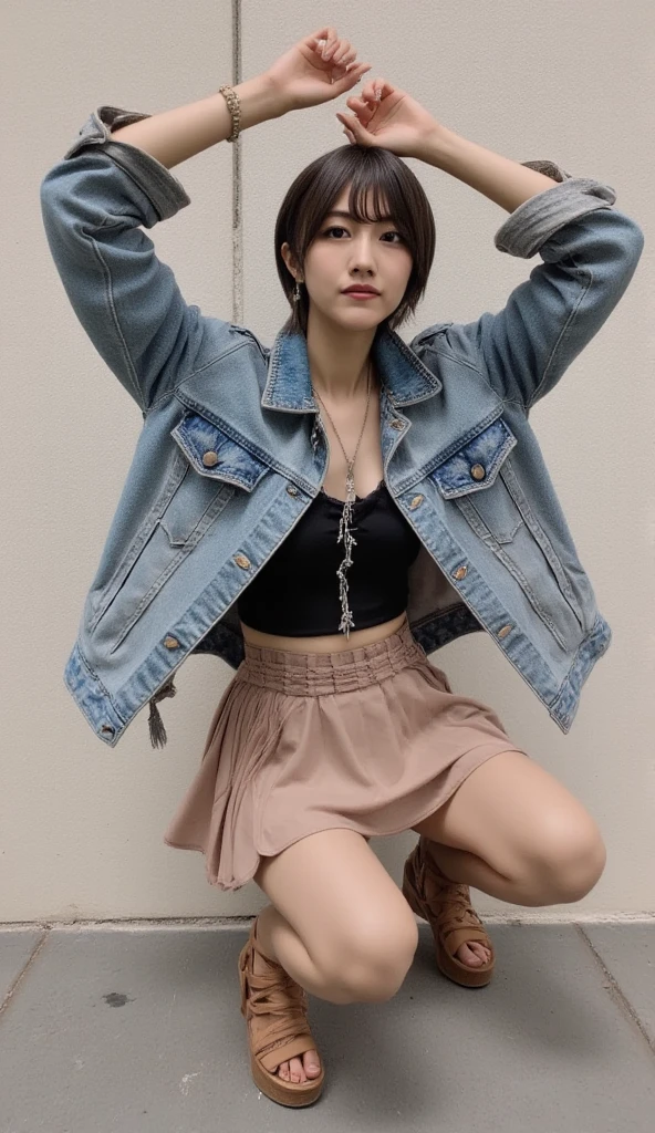 (Climbing the hills of the city、18-year-old female:1.5)、(Gentle smile:1.2)、(The best quality at its best:1.4), (Super detailed), (Very detailed CG unified 16k), Beautiful woman with perfect figure: 1.4, Sharp focus: 1.2, Very detailed, High-quality RAW color photos, Professional photography, Great face and eyes, cosmetics, (Amazingly beautiful girl), ((Black coat、White blouse、Denim mini skirt、Black Stockings、Black boots:1.5)), Sexy posture,(View from below), Realistic movie faces, Full body long view from head to toe, Realistic, ((Realistic natural orange red hairstyle, Realistic blue eyes)), ( Short Bob Hair:1.5), (necklace:1.5)、, Very beautiful face, Perfect model beauty, Mouth swelling, Highly detailed face and skin texture, Fine grain, double eyelid, Medium chest, smile, (masterpiece), highest quality, High resolution, Very detailed, Blurred Background, Depth of written boundary, Cinema Lighting, Great legs, , Clear, well-maintained skin,