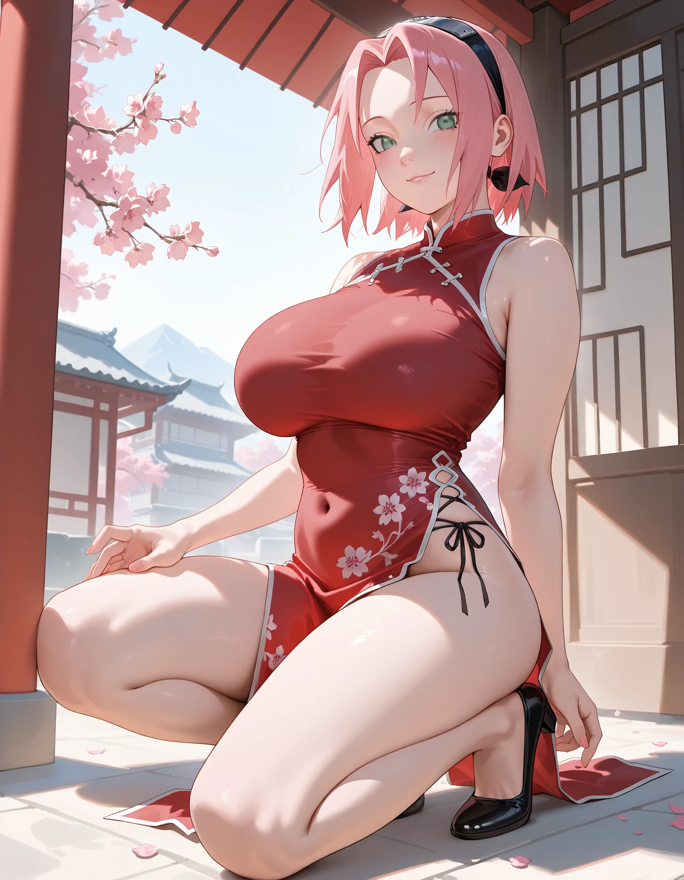 masterpiece, 4K, portrait,  (Extremely detailed body, Ultra fine hair, Super detailed face),  Best of quality,  1 Girl, Haruno Sakura, (forehead mark, milf, Red hair band, Pale skin,  short hair, , Slim figure, Slim of abdomen,  Pink Hair, open mouth, big eyes), Smile, Off-shoulder,  (((Both) hands spreading to Both sides)), 1 Girl,full-body shot、Red lace bikini，( Top quality、high detail:1.4、Adds intense highlight to eyes、4、Lip Gloss), Tilt your head slightly, Lips, Lip Gloss, big eyes、eyelash、Face is a little red、embarrassing)、big eyess、Leave a very strong impression on your students、{huge|大of|hugeof|mega} breast:1.6、very 大ofger breast、Long Neck、Smile))、(Big breasts of:1.2)、Busty of big breast, bustyofbreast、(breast protrusion 1.2)、((Super huge :1.3))、(of:1.3)、beautiful of big breast、Sexy bulge