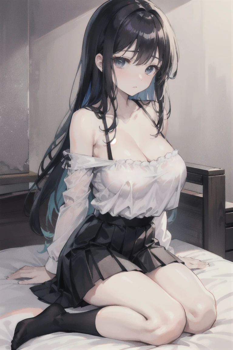 perfect human body，1 female，Mature and intellectual woman， (publicly exposed，bedroom)，long hair，clavicle，((big breasts))，loose t-shirt，smooth thighs，((woman with fever)),(blush:1.2),((skirt lift))，Shy，Fear，cry，tears，