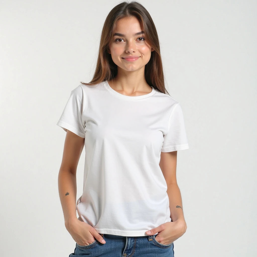 a woman in a camisa branca e jeans posing for a picture, camiseta branca, camiseta branca, camiseta branca, plain camiseta branca, vestido com uma camiseta branca, dressed in a camiseta branca, jeans e camiseta, vestindo uma camiseta, camisa branca e jeans, vestindo uma camisa branca, vestindo camisa branca, White shirt and jeans