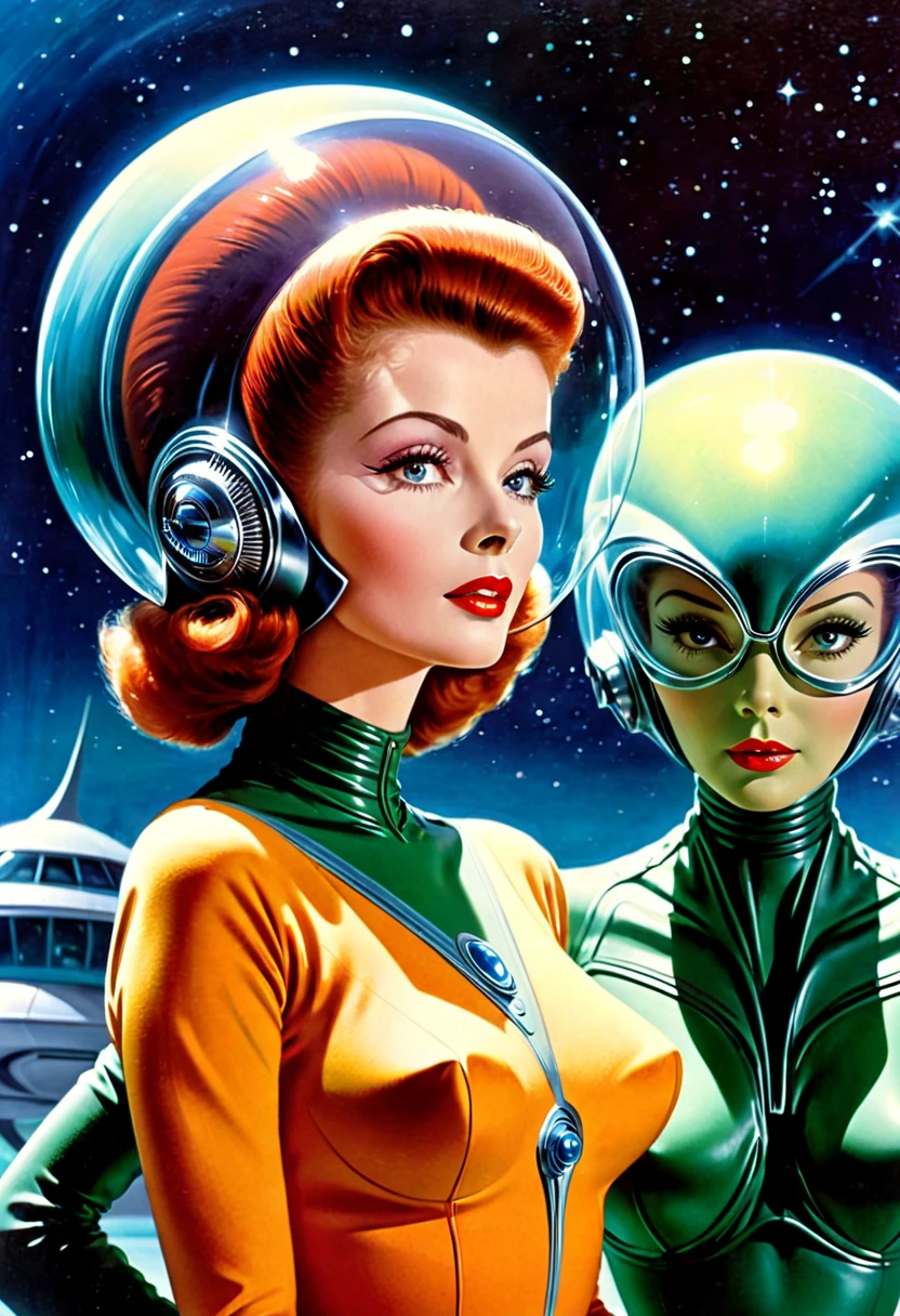 vntgpstr of "Cat girls from Mars", latex suits <lora:vintage_poster-000003:1>