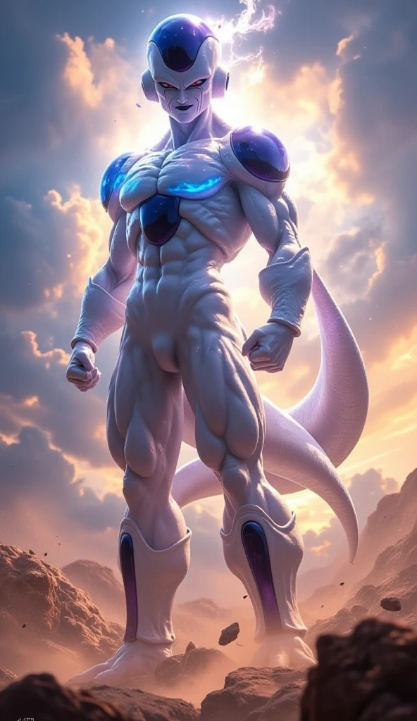 Homem de terno espacial em frente a uma lua cheia, inspirado em Yue Minjun, Imperador do universo conhecido, Goku humano fotorrealista, DBZ, hq 4k papel de parede, corpo inteiro altamente detalhado, Ultra instinto, Iconic character of high detail, musculoso!! scientific fiction, Personagem Dragonball, amazing space creature 4 k