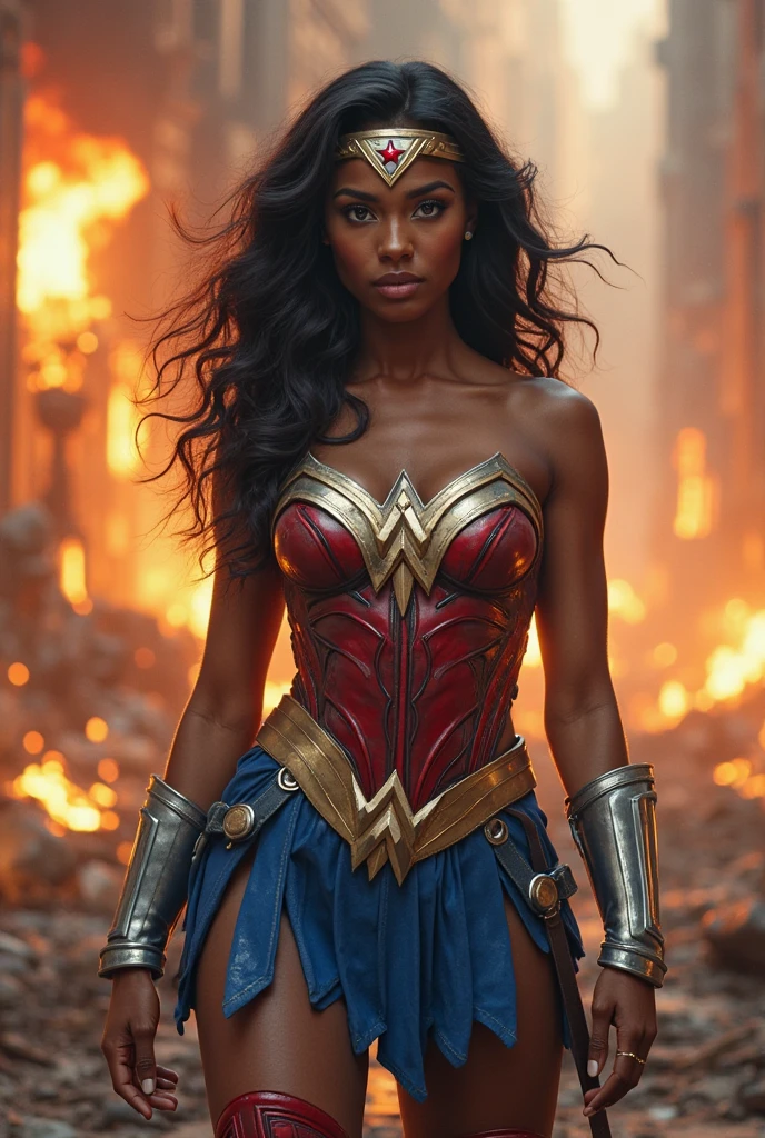 A beautiful black-skinned woman with long black hair and dreadlocks under the mantle of the Amazon warrior Wonder Woman, a red corset and blue leggings fitted to her statuesque body, silver bracelets, a silver diaema with a red star on her forehead, long red boots up to her knees, on her knees, screaming exhausted after an extensive battle, blood all around her, bloody images in an apocalyptic city, cars on fire