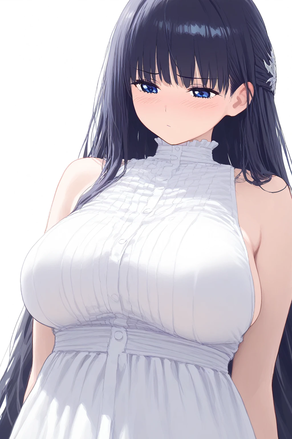 big breasts:1.2、、highest quality、very detailed、Very realistic eye masterpiece、highest quality、very detailed、black hair、perfect face、long hair、white dress、sundress、lily、two girls、anime、kiss