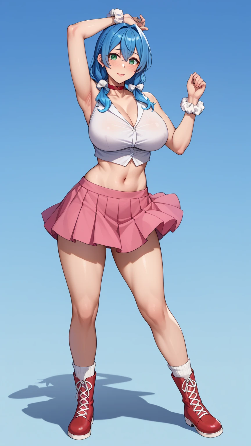 ((masutepiece, Best Quality, hight resolution, nffsw, Perfect Pixel, depth of fields, 4K, )), 1girl in, Solo, , Beautiful anime girl, Beautiful Art Style, close up, Looking down at Viewer, Perfect body, Yuigahama Yui, Short hair, pink hair, hairbun, (large boob), smiling, bent over, tube top, cleavage, down blouse, hand on behind head, blank white background, full body, shot from below