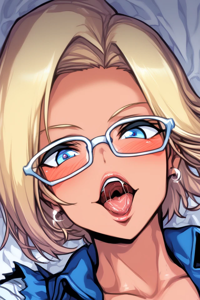 android21, 1girl, solo, long hair, curly hair, hair between eyes, jewelry, hoop earrings, glasses, checkered dress, two-tone dress, multicolored dress, tight dress, turtleneck, black pantyhose, labcoat, l smile, (insanely detailed, beautiful detailed face, masterpiece, best quality) cinematic lighting,blush, open mouth, big mouth, tongue, tongue out, close up, saliva, uvula, uvula, mouth focus, excessive saliva, , looking down, nude, long tongue, large tongue, room, happy, pink skin, white hair, red eyes