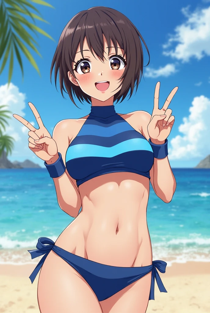 beautiful young woman,Have a perfect body and beautiful big eyes, Perfect slim and thick figure, Short and wavy hair, Headband, Delicate printed micro bikini, playing at the beach, tropical island, happy, Smile gently, Open, is a perfect face, mute, Atmospheric, clean lines, complex, Super detailed, actual, 8k