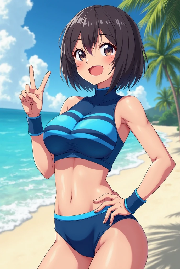 tomboy, beach, huge breasts, cute face, swim trunks, shorts, long ponytail, open jacket, sun beams, water, dark blue hair, sky, clouds, happy, jumping, wet, shiny skin, light blue eyes, abs, hair ribbon, thumbs up