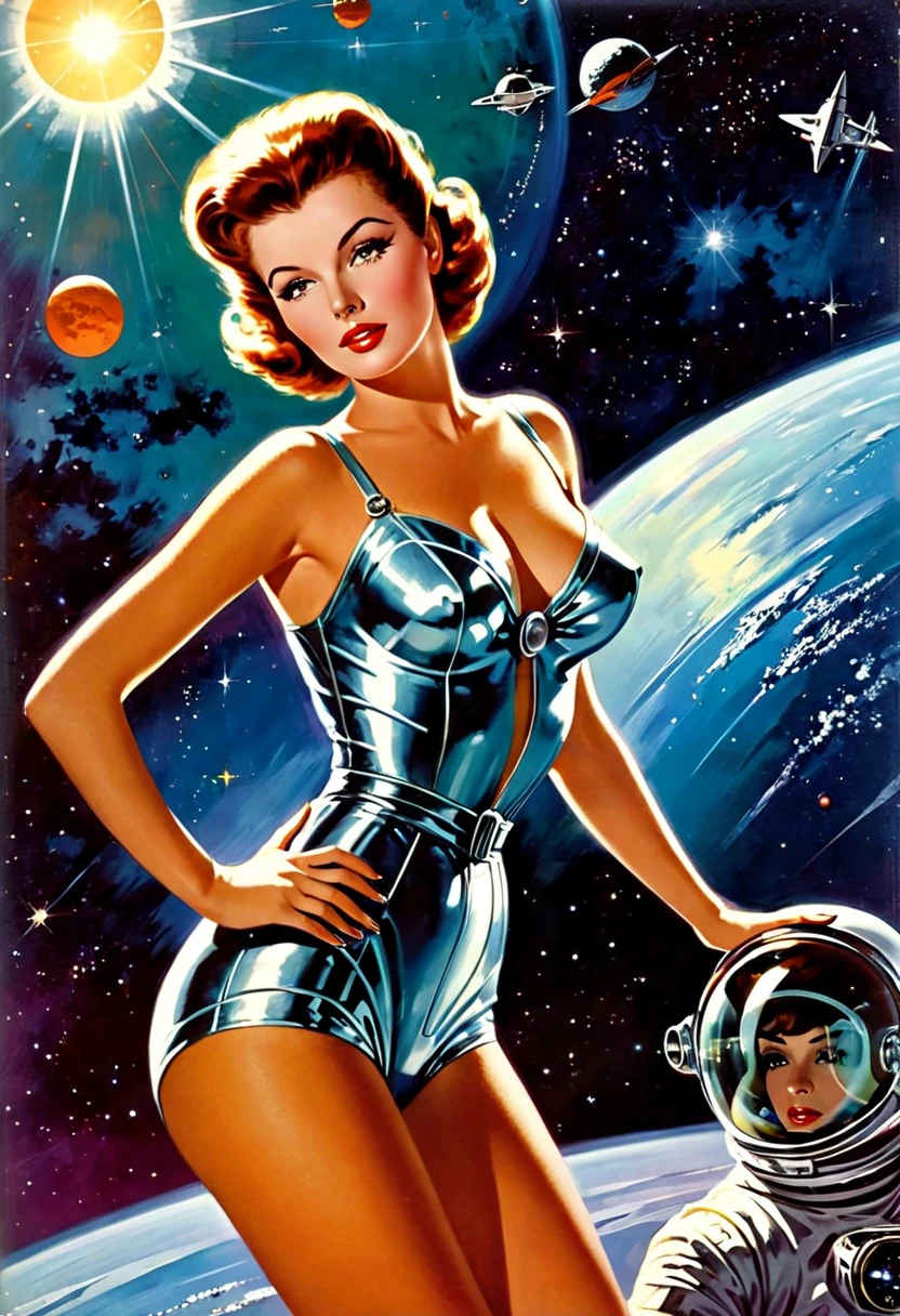 1950s retro comic, slender space girl (realistic proportions) with a close-fitting astronaut suit, cleavage, she looks at the camera, background: planets, nebula, stars, spaceships